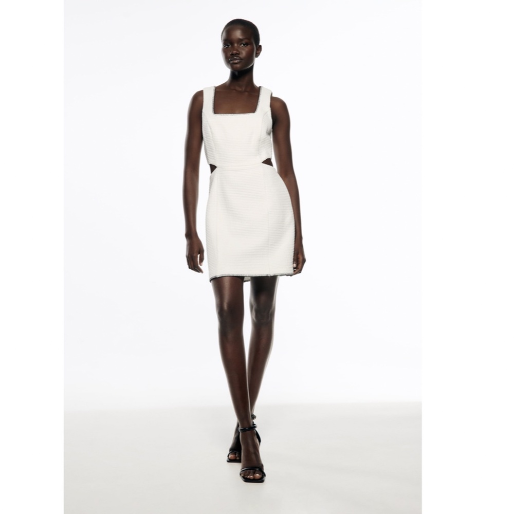 Zara Textured Cut Out White mini Dress with Topstitching